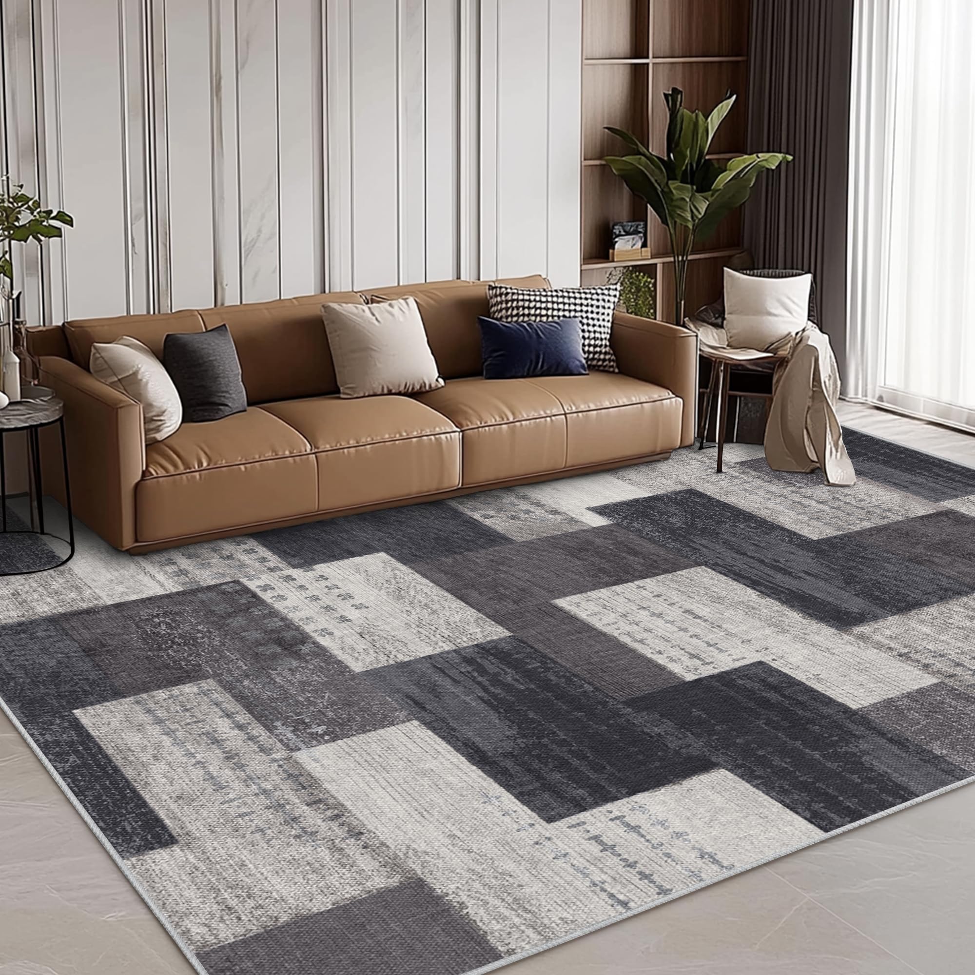 Tappeto moderno geometrico patchwork per interni e soggiorno, antracite, 140x200 cm, grandi tappeti, collezione Rockwood, decorazione per camera da letto, grigio, morbido, pelo corto