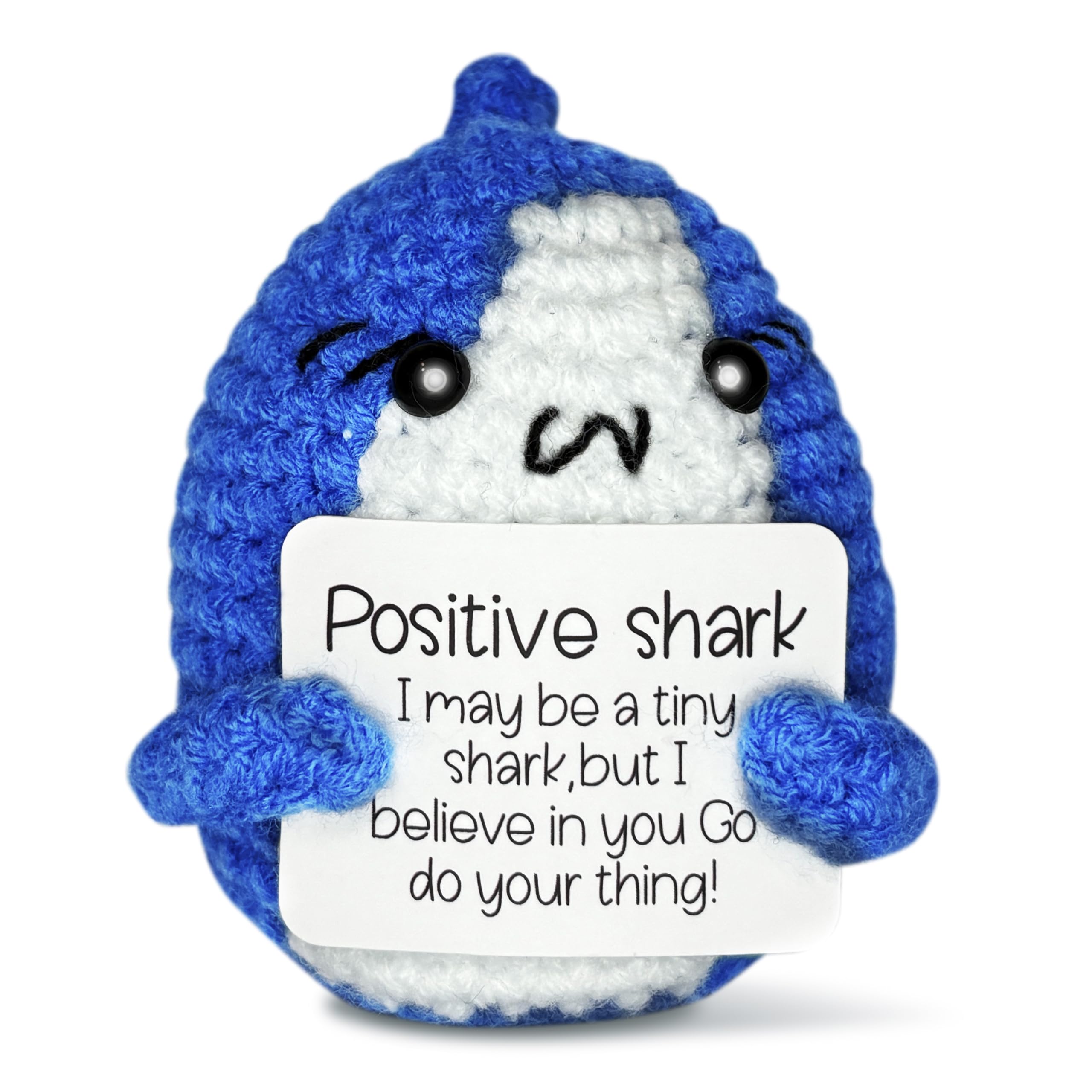 SACHPER Pickle Buddies Positive Blue Shark - Positive Crochet Animals Handmade Emotional Support Plush Gifts Crochet plushies for Desk Decor Emotional Support Crochet for Anxiety & Stress Relief