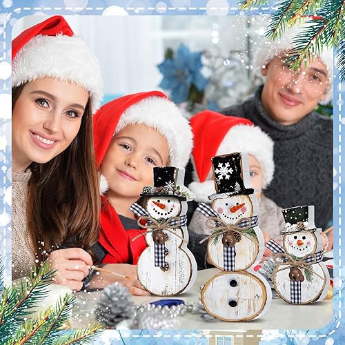 Miniatura 2 de Barydat 3 piezas de muñeco de nieve de Navidad decoraciones de madera rústico sombrero de copa muñeco de nieve centros de mesa para Navidad, fiesta
