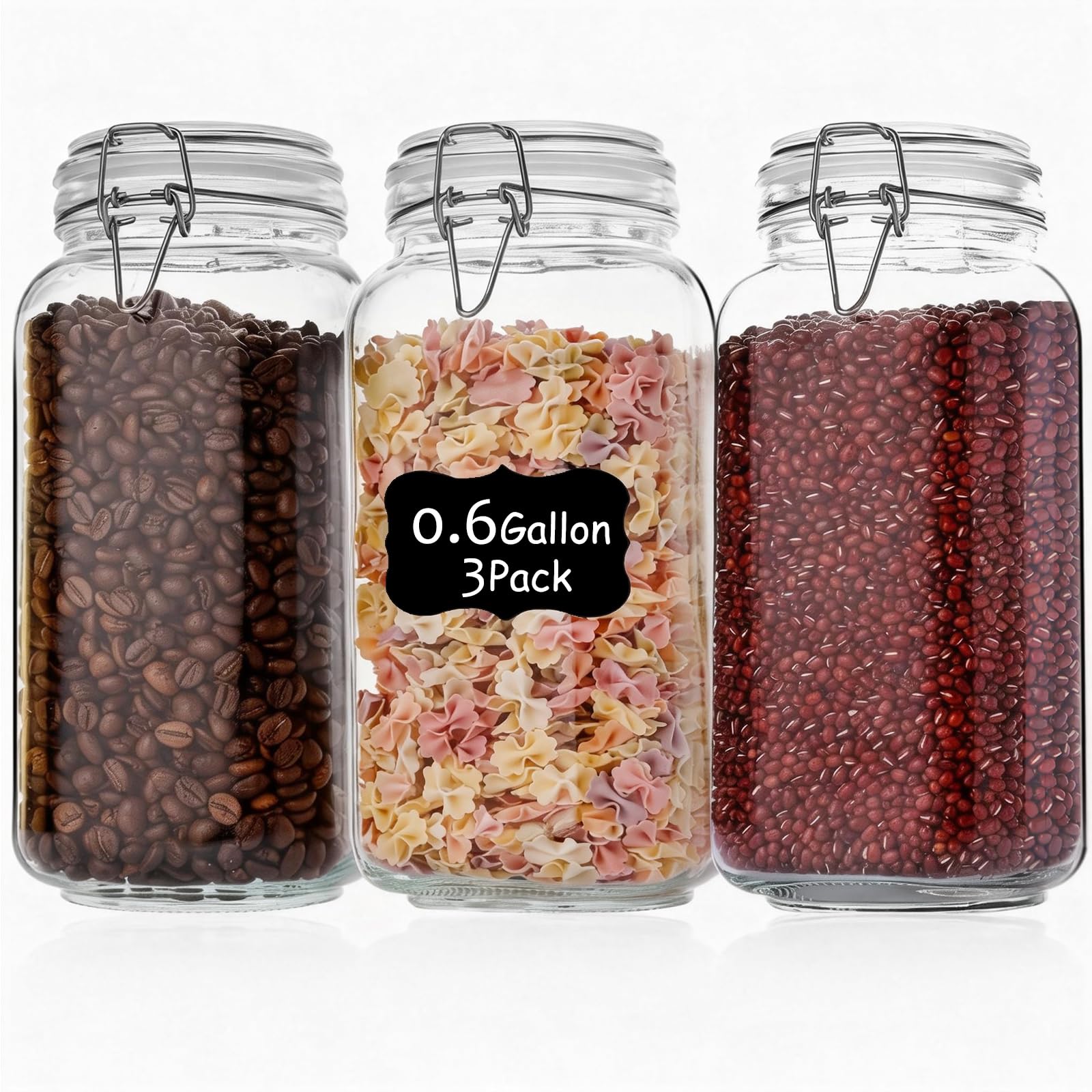 Barattoli in vetro per alimenti da 2,211 g, con coperchi ermetici, confezione da 3 barattoli da cucina grandi per farina, cereali, fagioli, pasta e conserve, barattoli quadrati con etichette