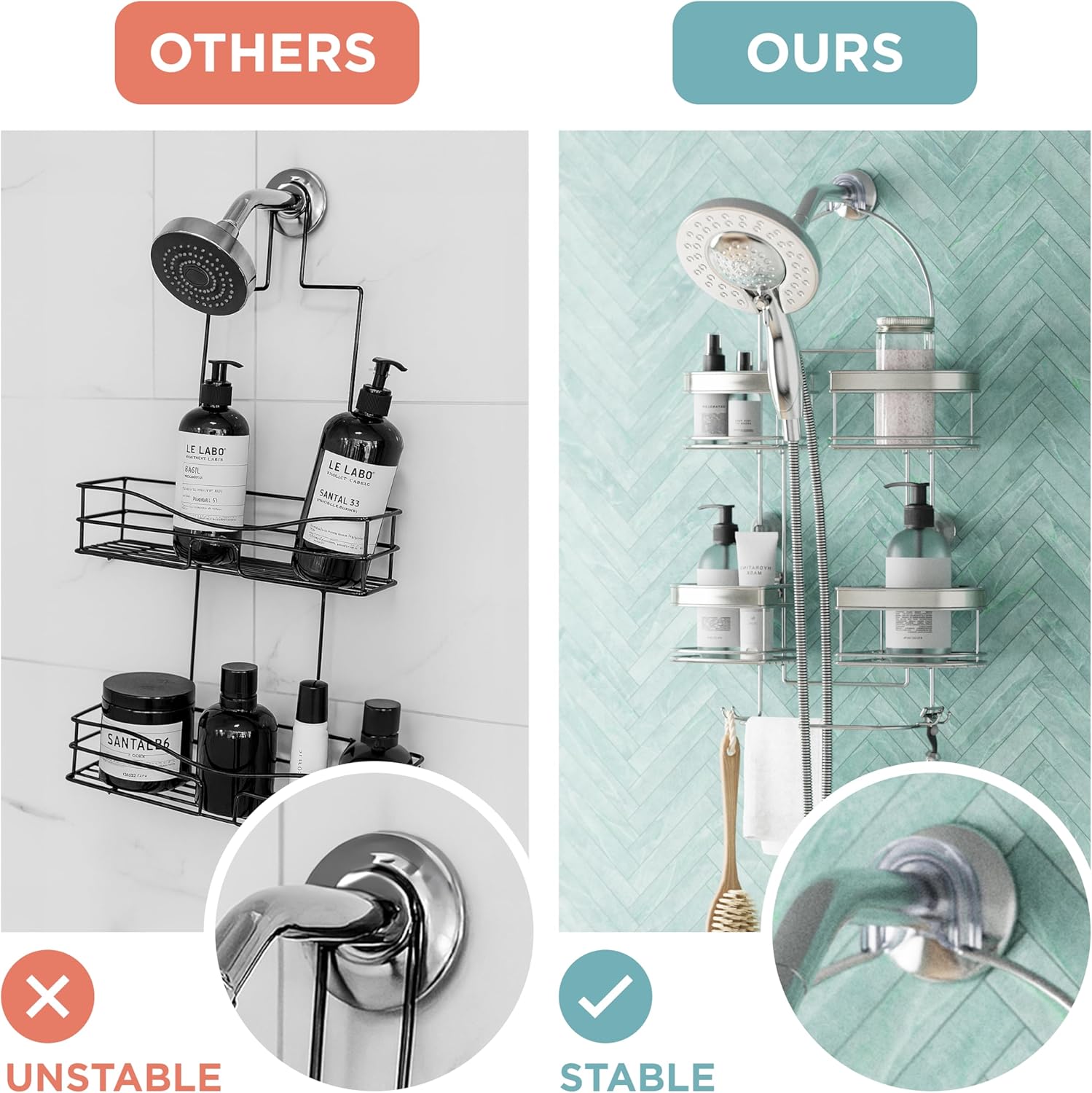 Zenna Home Rust-Resistant Hanging Shower Caddy for Handheld Shower Heads, Over the Shower Head Caddy with 2-Way Adjustable Baskets and Storage Hooks, Bathroom Hanging Organizer, Stainless Steel