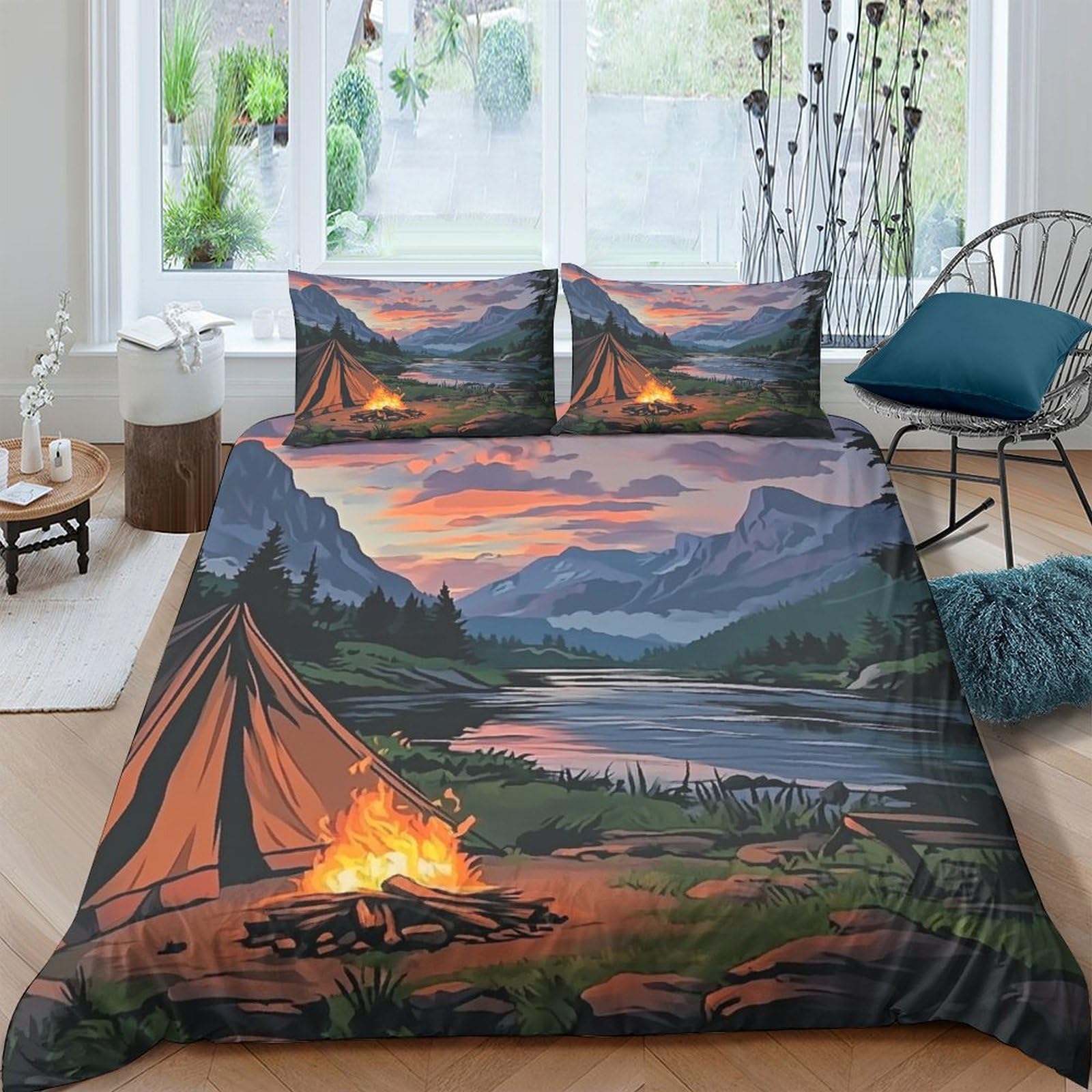 Ctjqhvkz Style-5 3D Printed Campfire Landscape Fitted Sheet Microfiber Scenic Mountain Bed Cover For Bedroom Dorm Easy Care Decor Single（135X200cm）