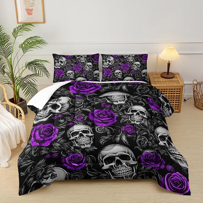 Sugar Skull Queen Size Comforter Set Floral Bedding Set,Gothic Skull Bedding Set for Boys Girls,Skeleton Bone Rose Blossoms Print Halloween Quilt Set,Horror Comforter Set for Bedroom Decor