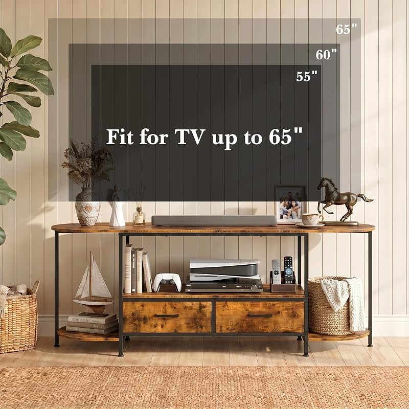Faesun 55" TV Stand for TVs up to 55 Inches, Curved Edge Media Console & Entertainment Center with 2 Fabric Drawers, Modern TV Console Table for Living Room or Bedroom, RusticBrown image 4
