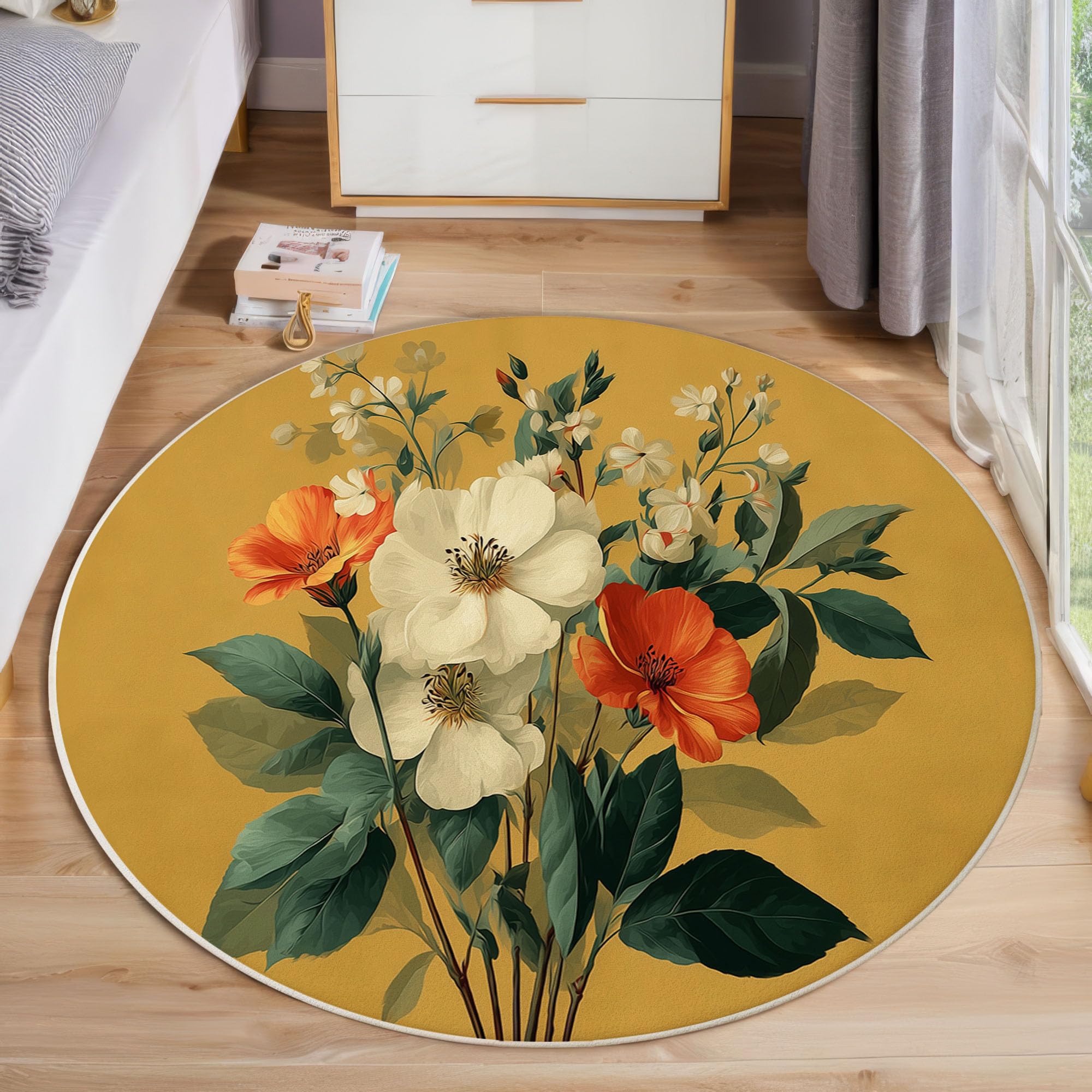 Tapis rond lavable jaune moutarde antidérapant