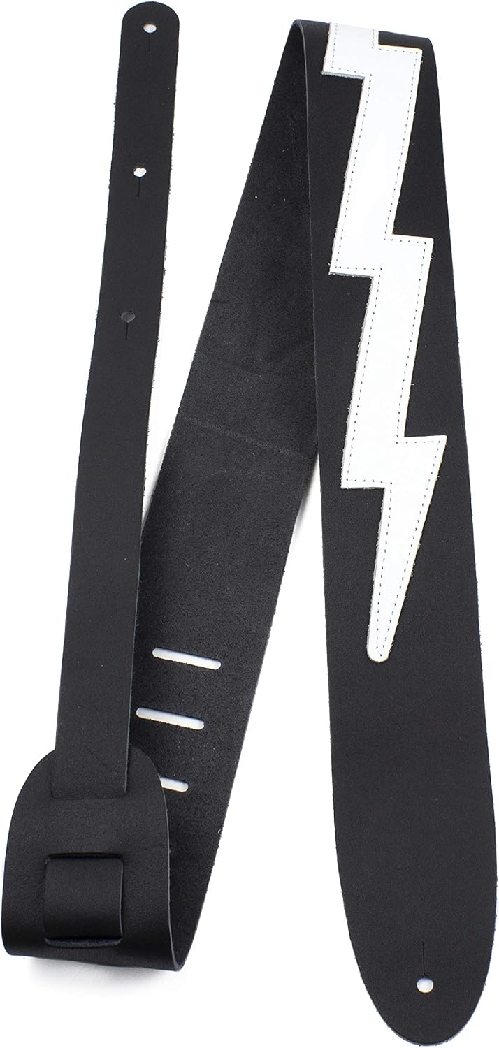Perri's Leathers, The Famous Collection, Guitar Strap, Bowie Style Lightning Bolt Themed, Leather, Adjustable Electric/Acoustic/Bass Guitars, 41" to 56" Inches, Compatible with All Lock Systems, Black