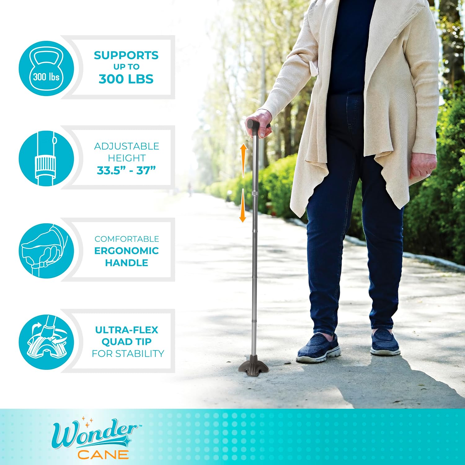 Stander Wonder Cane, Foldable Walking-Cane for Stability, Collapsible Free-Standing Walking-Stick with Adjustable Handle, Lightweight Quad-Cane for Men, Women, Seniors and Elderly, Black Walnut
