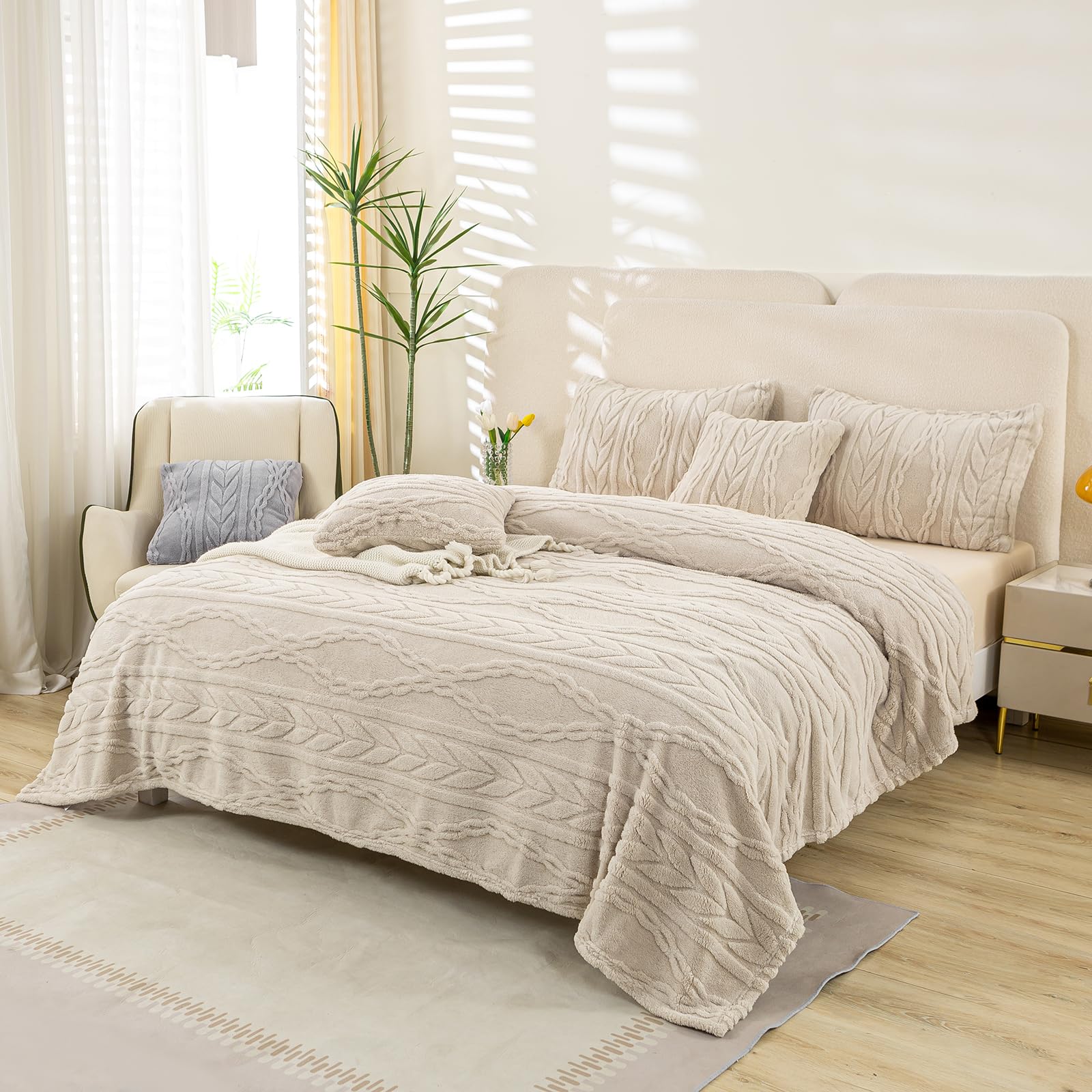 Couverture sherpa lit simple XL YUSOKI en lin 165x228 cm pour canapé