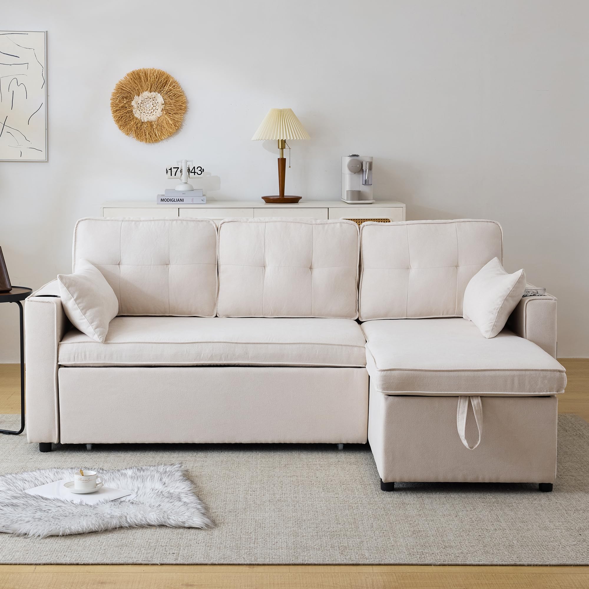 Sofá y cama en forma de L, sofá-cama con función de dormir, 3 plazas, diseño moderno, muebles tapizados, con espacio de almacenamiento y soporte para bebidas