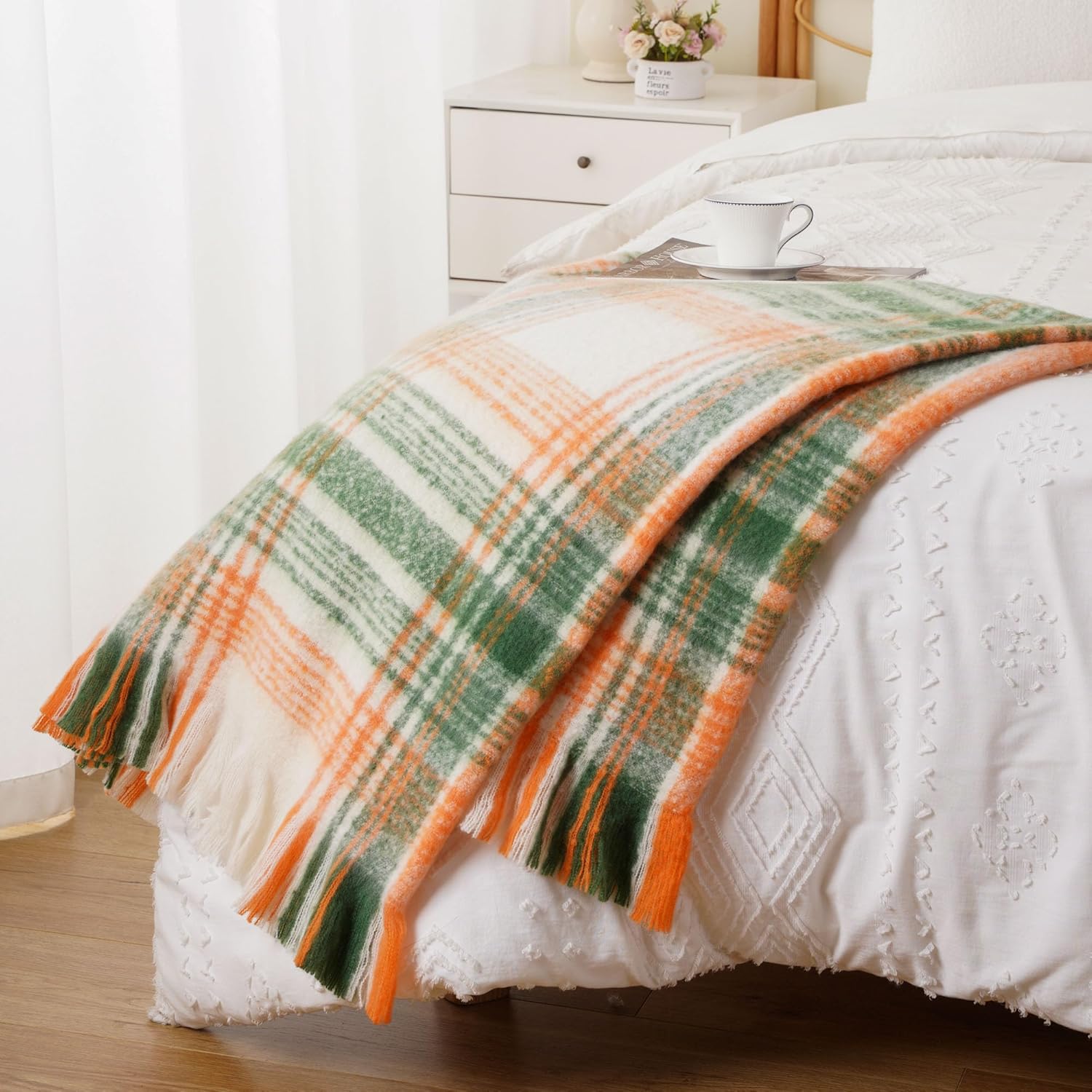 BATTILO Green Plaid Throw Blanket for Couch, Fall Mohair Tartan Plaid Blanket, Farmhouse Style Orange Throw Blankets for Home Decor(50"x60") - Image 9