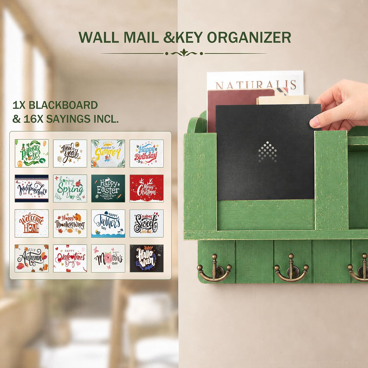 Key Holder Wall Mount with Chalkboard & 4 Key Hooks for Home Decor, Green