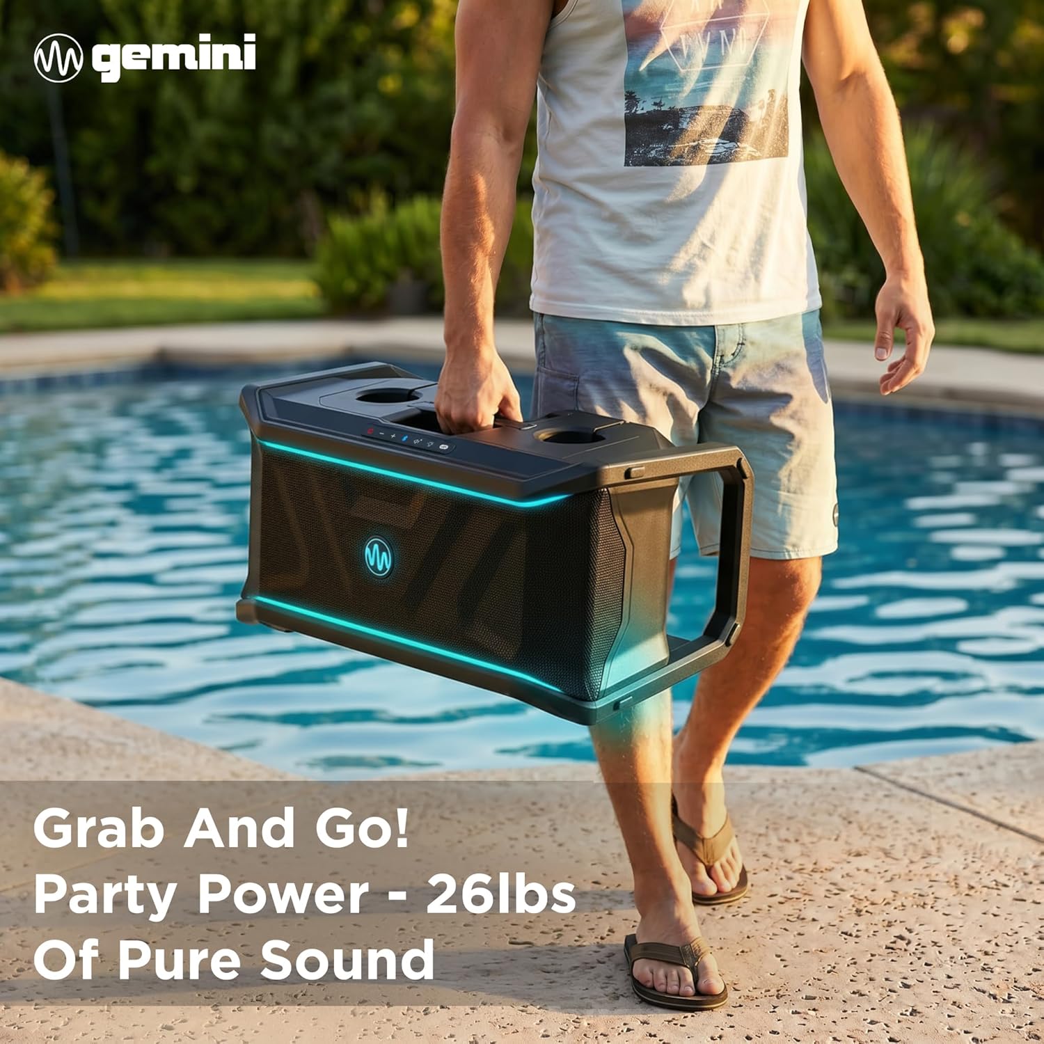 Gemini Floating Pool Speaker — IP67 Waterproof Bluetooth Party Speaker with 20Hr Battery, RGB LED Lights, Cup Holders & Mic/Guitar Inputs (SoundSplash Ultra)
