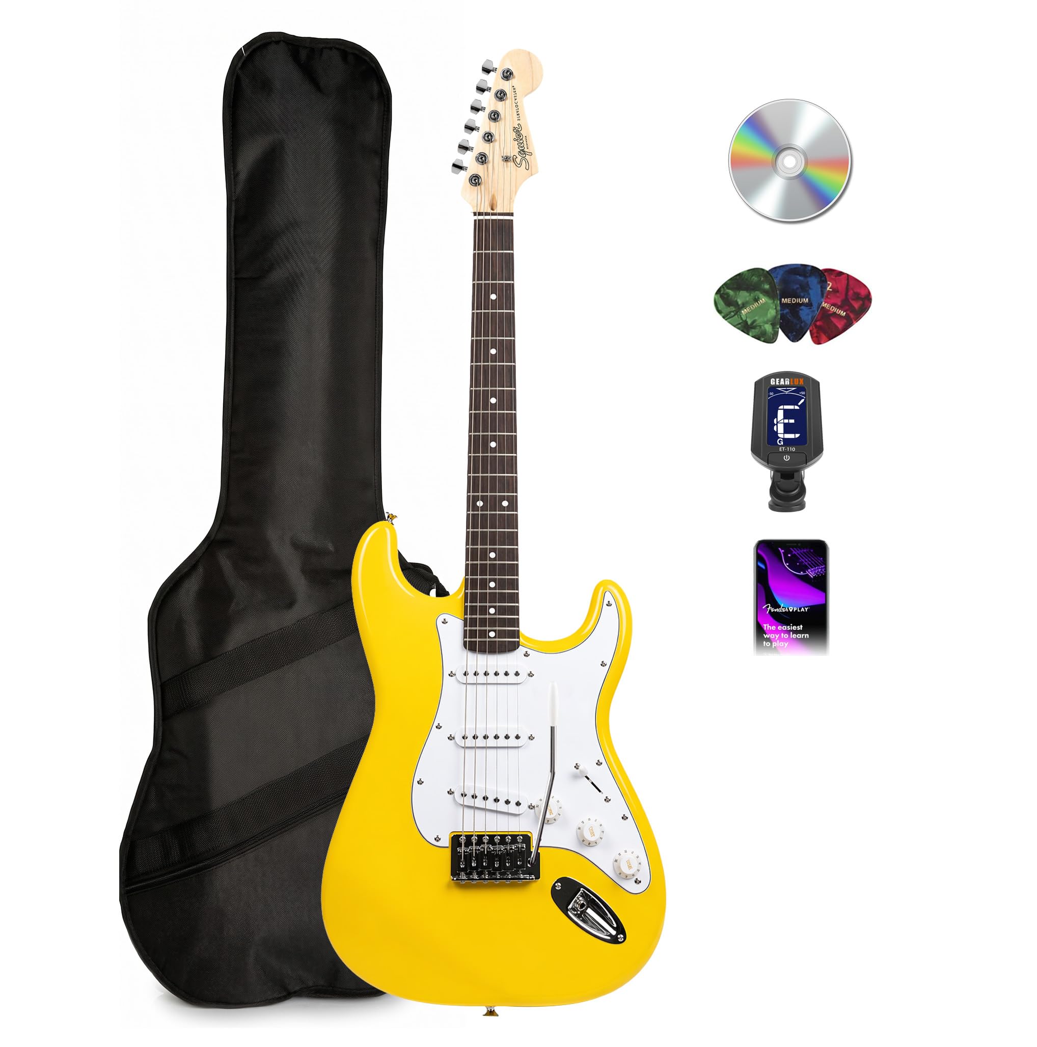 Fender Squier Stratocaster - Graffiti Yellow Bundle with Gig Bag, Tuner, Picks, and Austin Bazaar Instructional DVD