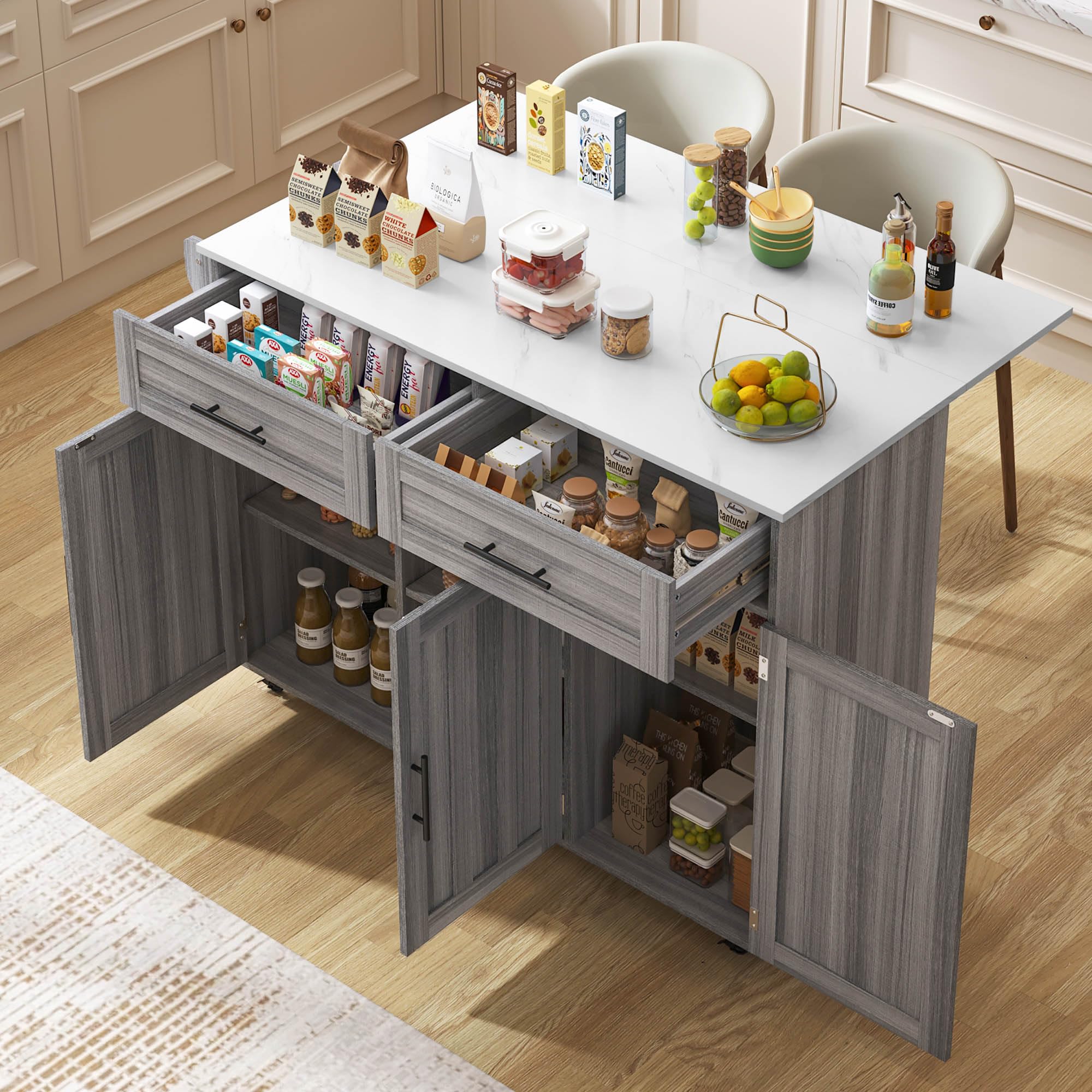 Jaxenor Kitchen Island on Wheels with Foldable Tabletop, Rolling Kitchen Trolley with Adjustable Shelves, Storage Cabinets and 2 Drawers, Storage Trolley for Home Kitchens, Grey+Natural — image 1