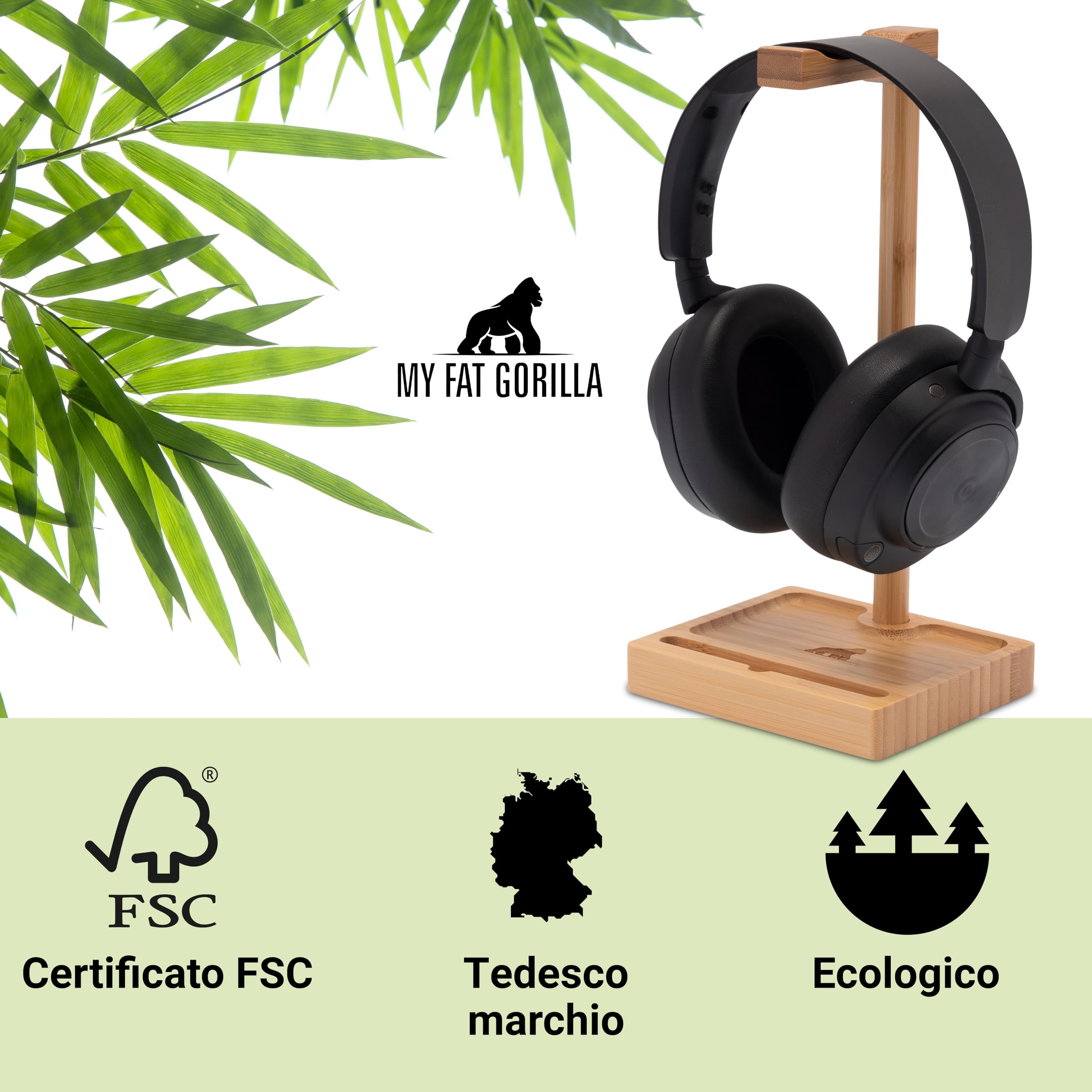 MY FAT GORILLA Porta Cuffie da Scrivania Bambù 12,5x12,5x22 cm Stand Portacuffie Naturale