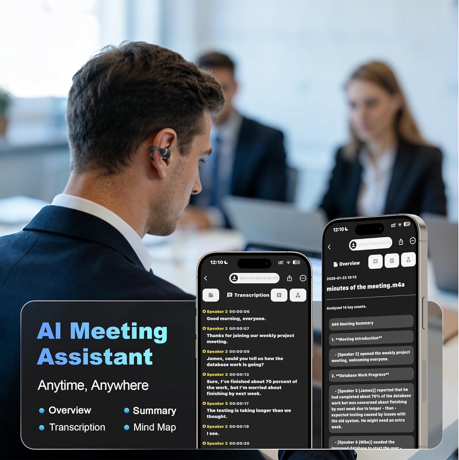 AI Translation Earbuds Real Time - Two-Way Language Translator Earbuds for Call & Video Build Global Business - AI Meeting Assistant Supports Voice Recorder, Transcribe & Summarize with APP