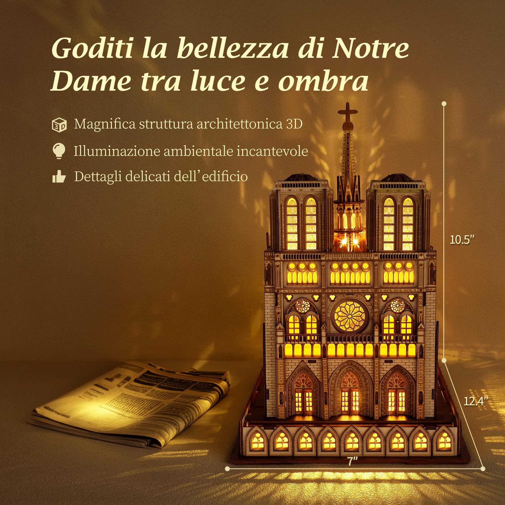 FUNPOLA Puzzle 3D in legno LED Notre Dame de Paris – Modello architettonico illuminato per decorazione casa e collezione