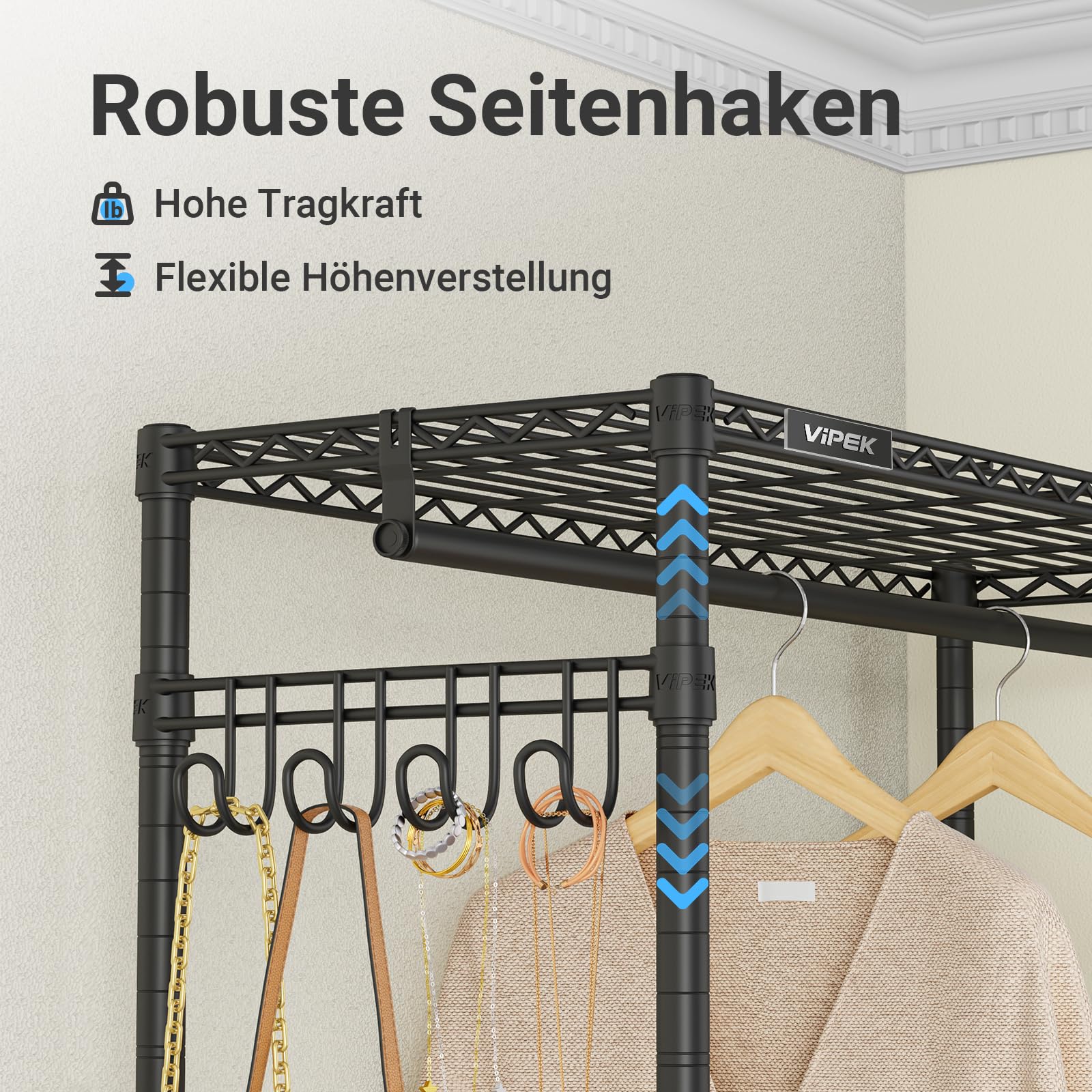 VIPEK R2 Plus Metall-Kleiderständer auf Rollen, Doppelstange & verstellbare Böden, 114 x 45 x 204 cm, freistehend, max. Belastung 295 kg, Schwarz