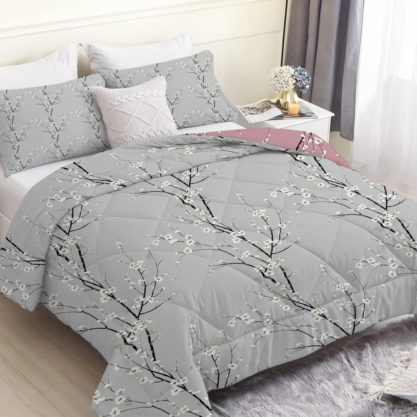 Linfye Gray Plum Blossom Pattern Double Duvet - Reversible Coverless Pink Branches, Anti-Allergy 7.5 Tog Quilt for All Seasons with 2 Pillowcases - Soft Comforter Bedding
