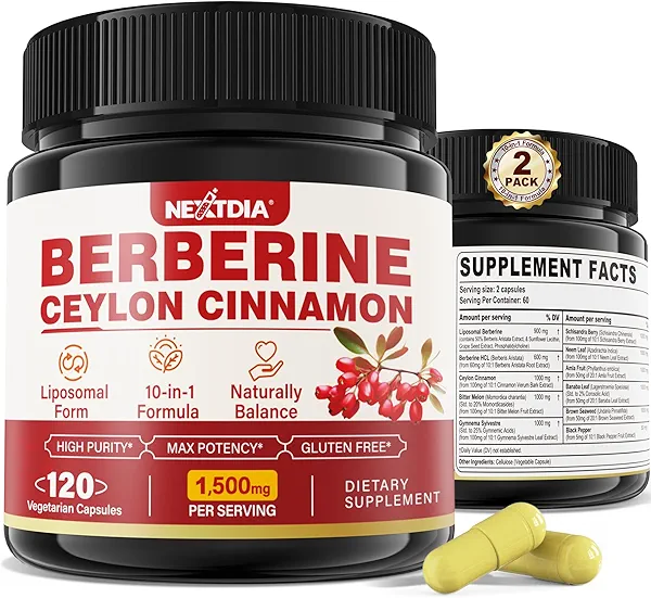 Nextdia 2 Pack 1500mg Liposomal Berberine HCL with Ceylon Cinnamon Bitter Melon, Organic Berberine Complex Supplements with Banana Leaf, Supports Immune & Digestion - Vegan 240 Capsules