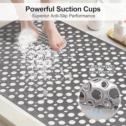 Miniatura 3 de Tapete de ducha antideslizante con ventosas, 23.6 x 35.4 pulgadas, tapete de ducha antideslizante de TPE de drenaje rápido para ducha interior, Gris