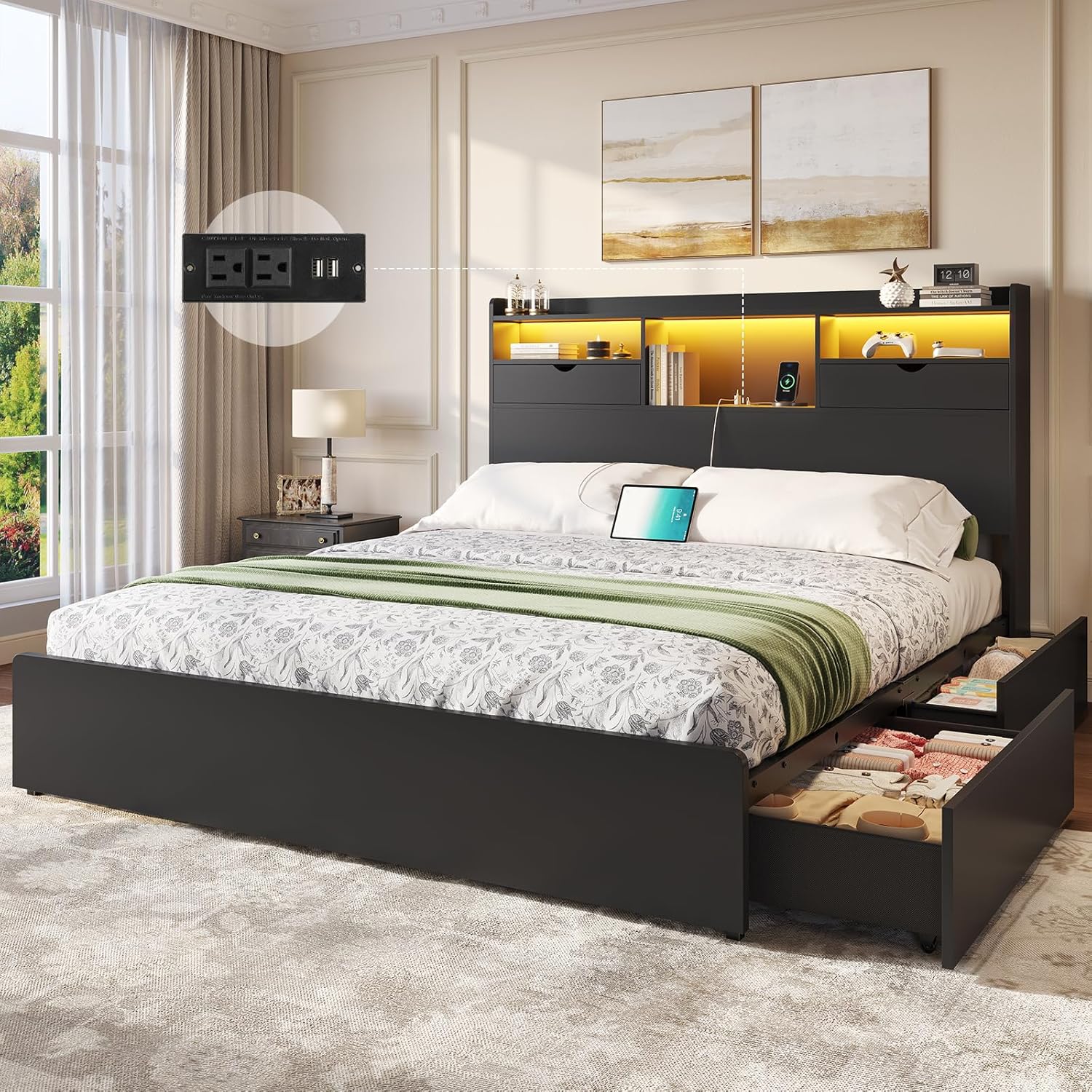 DICTAC Queen Bed Frame with Bookcase Headboard and 4 Storage Drawers, Black Platform Bed Queen Size with LED Lights and Charging Station, Heavy-Duty Metal Slats, No Box Spring Needed, Quiet & Sturdy