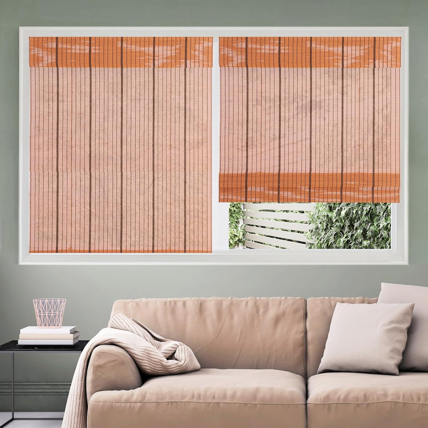 Bamboo Window Roman Shades, Brick, Indoor/Outdoor Light Filter/Sheer Cordless Wood Window Shades Blinds