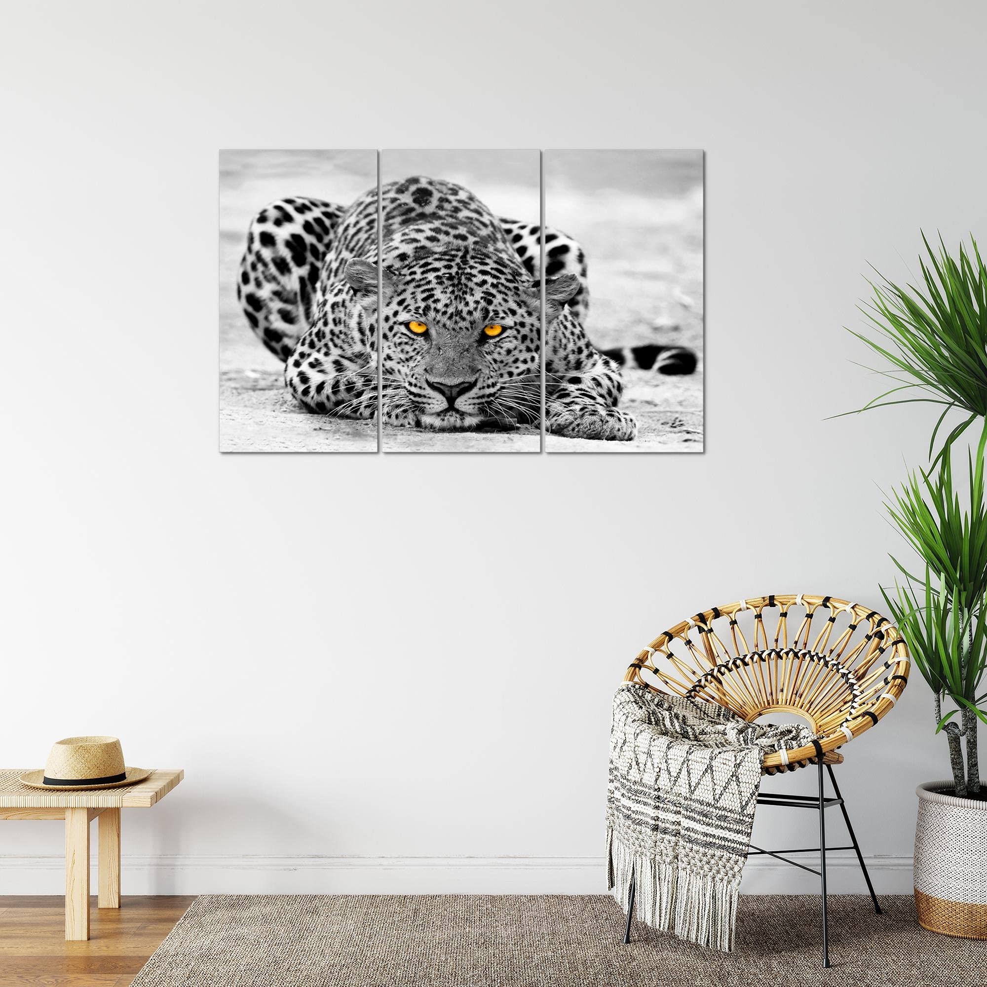 Runa Art África Leopardo Cuadro Decorativo para Sala XXL Amarillo Gris Grandes Felinos 120 x 80 cm 3 Piezas Decoración de Pared 000331a