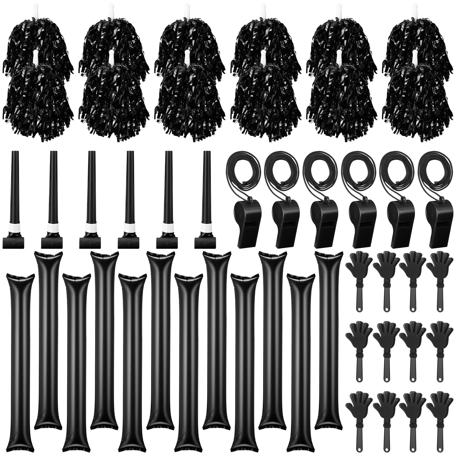 48 Pcs Cheerleading Pom Poms Thunder Sticks Plastic Whistles with Lanyards Squawker Horns Hand Clappers