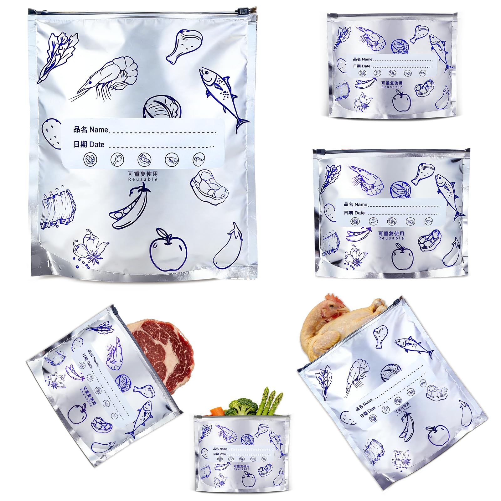 Reusable Aluminum Foil Food Storage Bags with Writable Label, Stand-up Leakproof Ziplock Freezer Bags for Refrigerator, BPA-Free Durable Food Pouch (