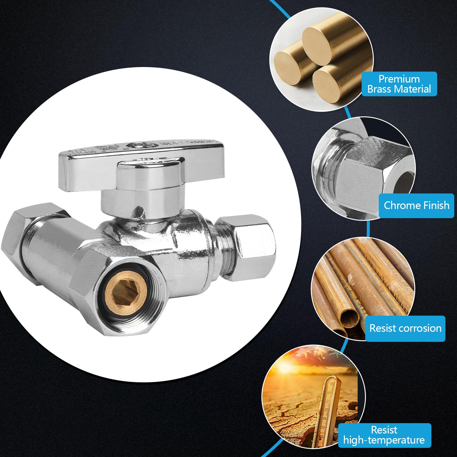 WiseWater Paquete de 2 válvulas de parada en T de 3/8 hembra Comp x 3/8 OD x 1/4 OD, válvula de cierre de agua de latón cromado de 1/4 de vuelta, compresión de 3 vías para refrigerador, máquina de
