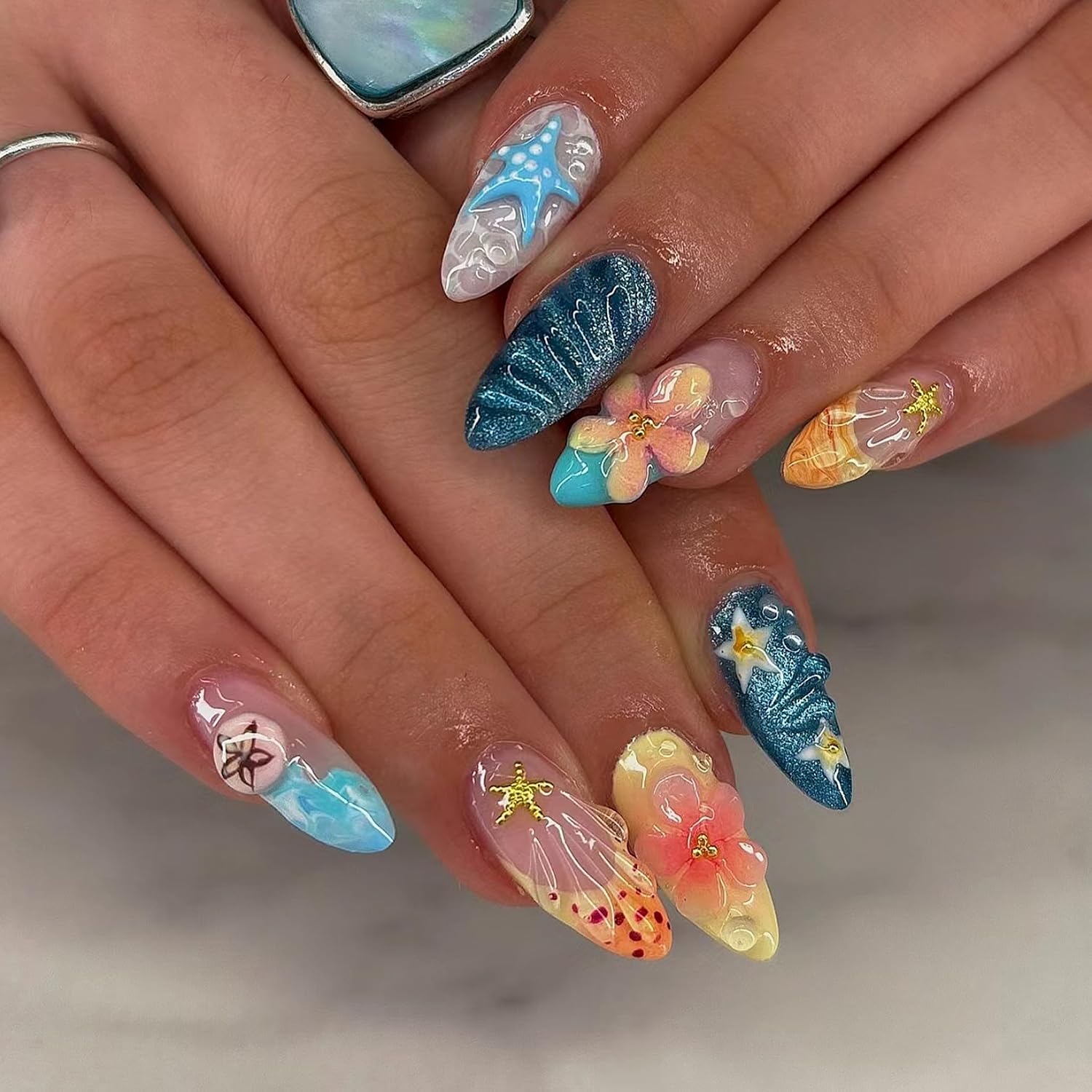 30Pcs Flower Summer Beach Press on Nails Almond Short 3D Cute French Fake Nails with Floral Ocean Seashell Starfish Jellyfish Design Reusable in 15 Size Full Cover Stick on Nails for Women