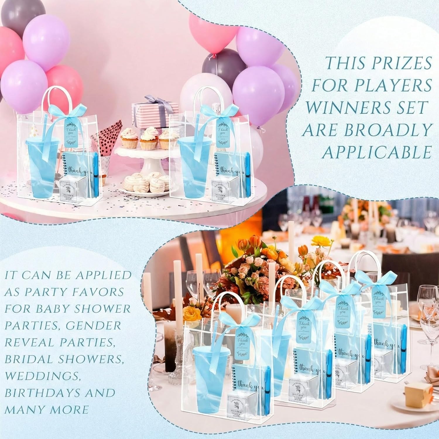 Nuogo 2 Sets New Parent Shower Prizes for Player Winners Adults Include Plastic Tumbler Notebook Scented Candles Ballpoint Pen Gift Bag, Party Player Winner Gifts (Blue Color,Classic Style)