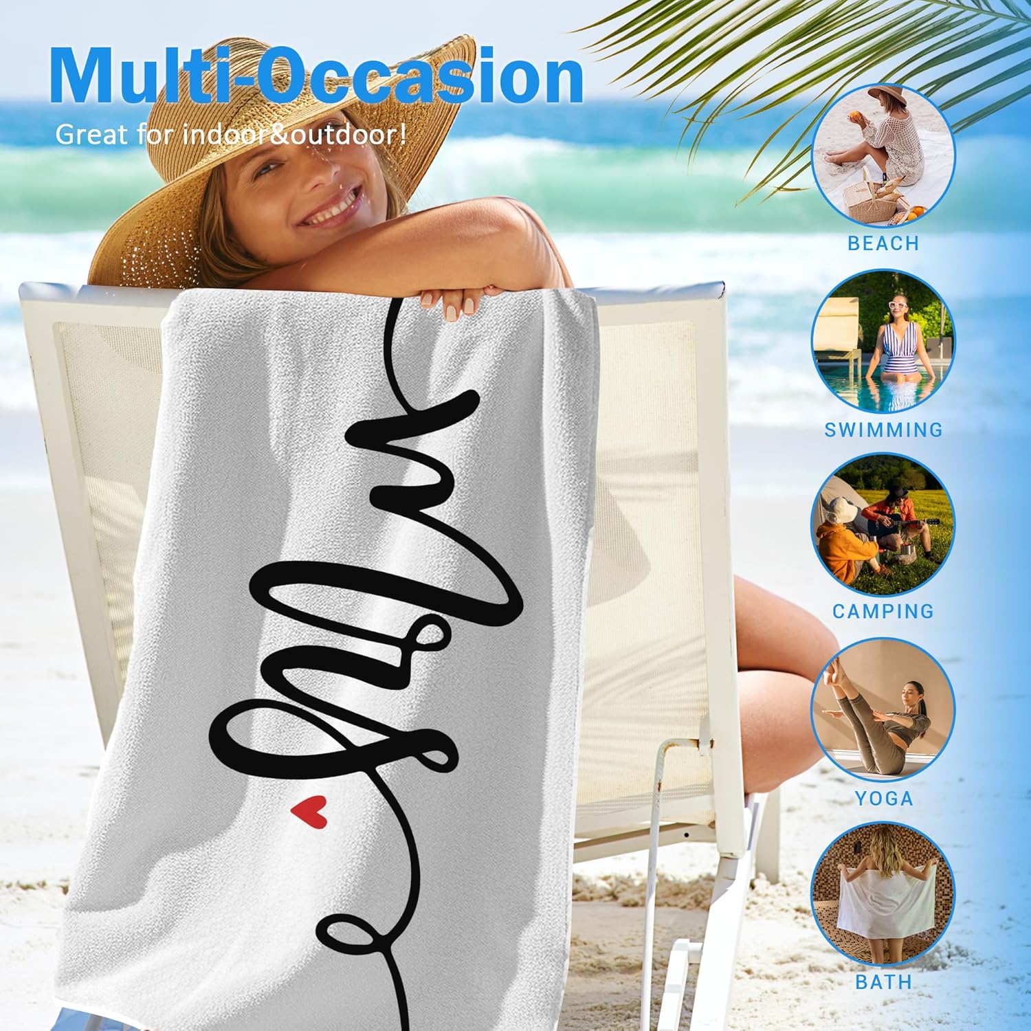 Couple Mr Mrs Beach Towel Set of 2, Honeymoon Wedding Valentines Beach Towels Gifts for Bride Groom Newlywed, Black and White Quick Dry Towels Oversized Decor for Bathroom 30x60in - Image 5