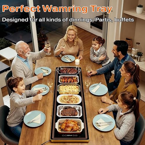 Miniatura 3 de Bandeja de calentamiento eléctrica para bufés de fiesta (51 x 12 pulgadas) Tapete de calentamiento de alimentos con 12 ajustes de temperatura,