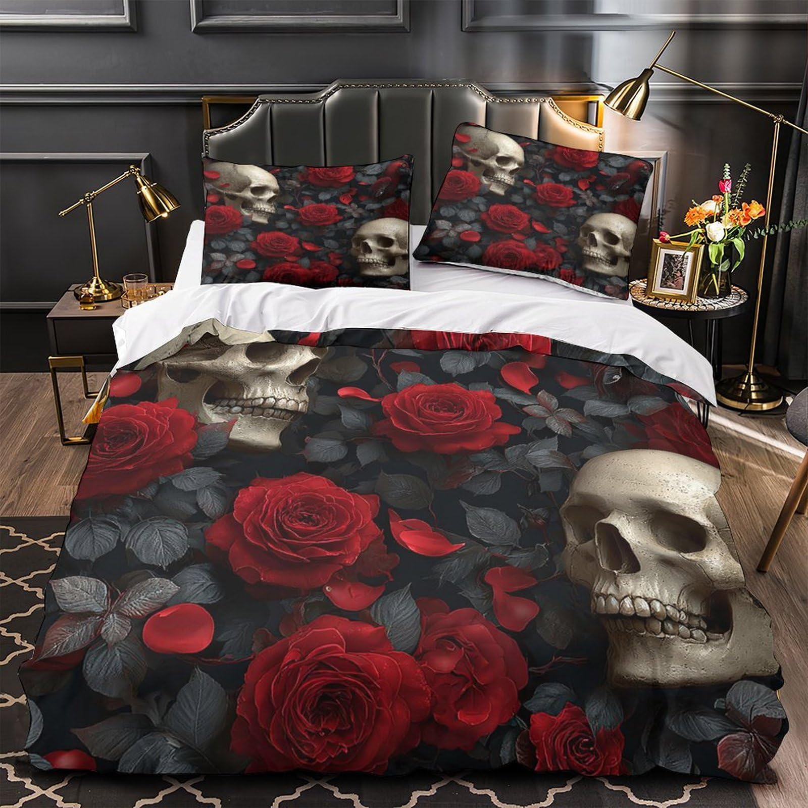 Rose skulls Ensemble De Literie Résistante Microfibre résistante 3 Pièces 3D Effet Gothic floral design Linge de Lit avec Taie d'oreiller Hypoallergique for Chambre de garçons King（220x240cm）