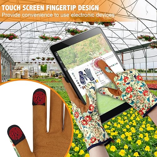 Miniatura 5 de Guantes de jardinería de cuero para mujer, guantes de jardín a prueba de espinas, guantes de trabajo para pantalla táctil, regalos