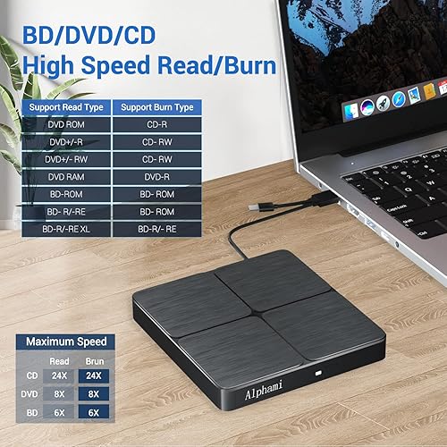 Miniatura 2 de Alphami - Unidad Blu ray externa, USB 3.0 y tipo C portátil Blu-ray Burner DVD Drive 3D Slim Optical Bluray CD DVD Drive para Windows XP7810, MacOS