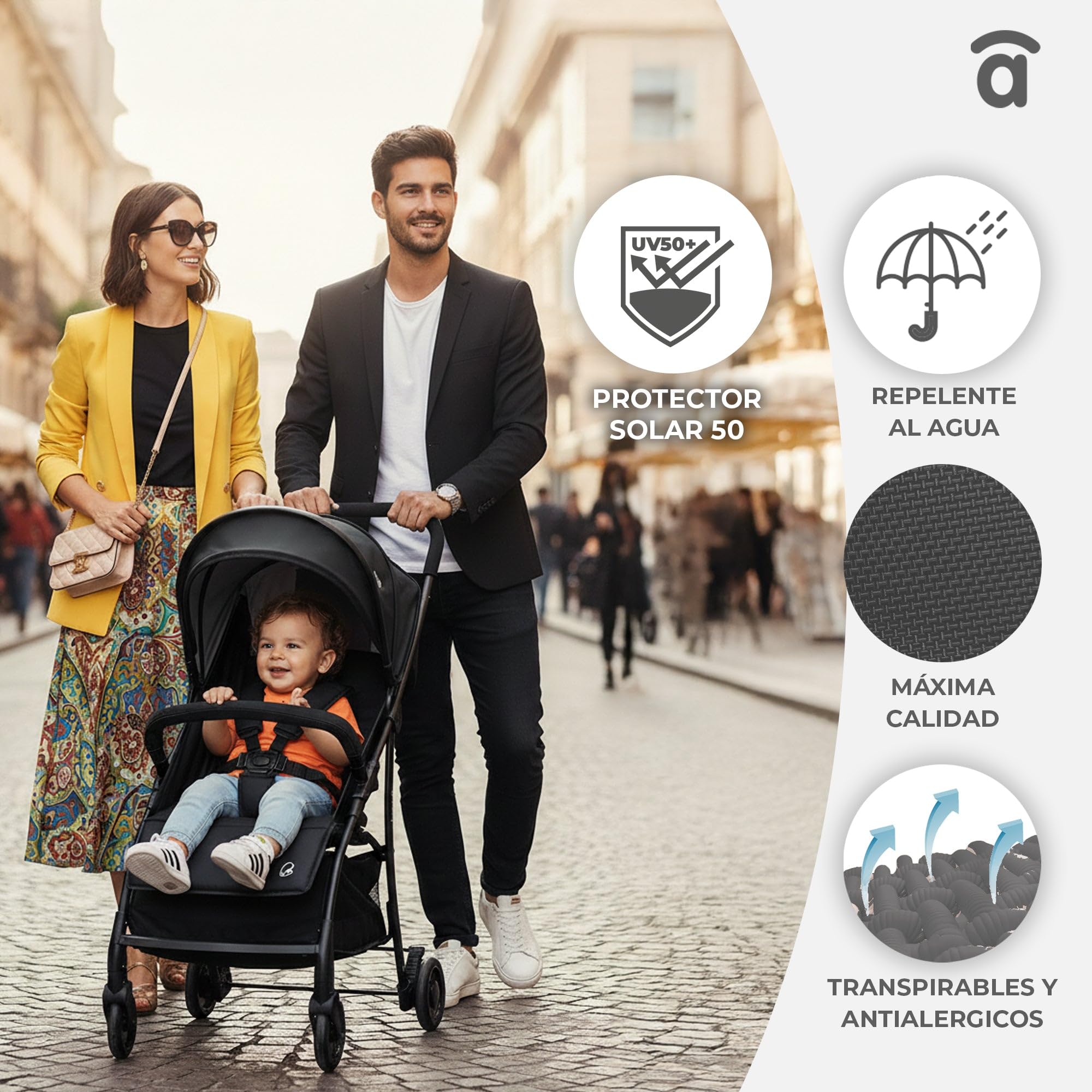 Asalvo MILÁN Silla de Paseo Ultraligera para bebé, Carrito de paseo, Respaldo Reclinable, Cochecito urbano, Arnés 5 Puntos, SPF50+, Capota con Ventana, Manejable y Máxima Seguridad, Hasta 16 kg, Negro