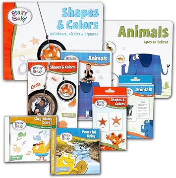 Brainy Baby Shapes & Colors and Animals DVDs, Flashcards, Books and Music CDs - Learning for a LifetimeTM 8 Piece Set