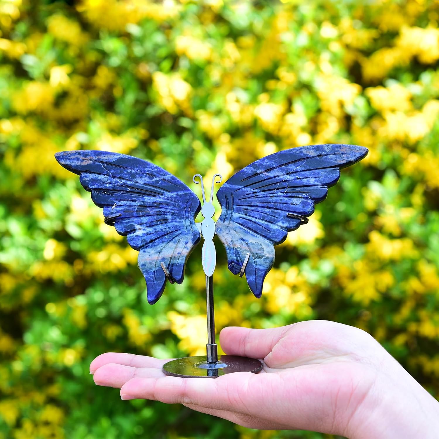 JIC Gem Large Blue Sodalite Quartz Crystals Butterfly Art Decorative Stones Natural Blue Rocks Healing Crystal Carved Angel Wings with Display Decor Reiki Gifts (1pair, 10cm)