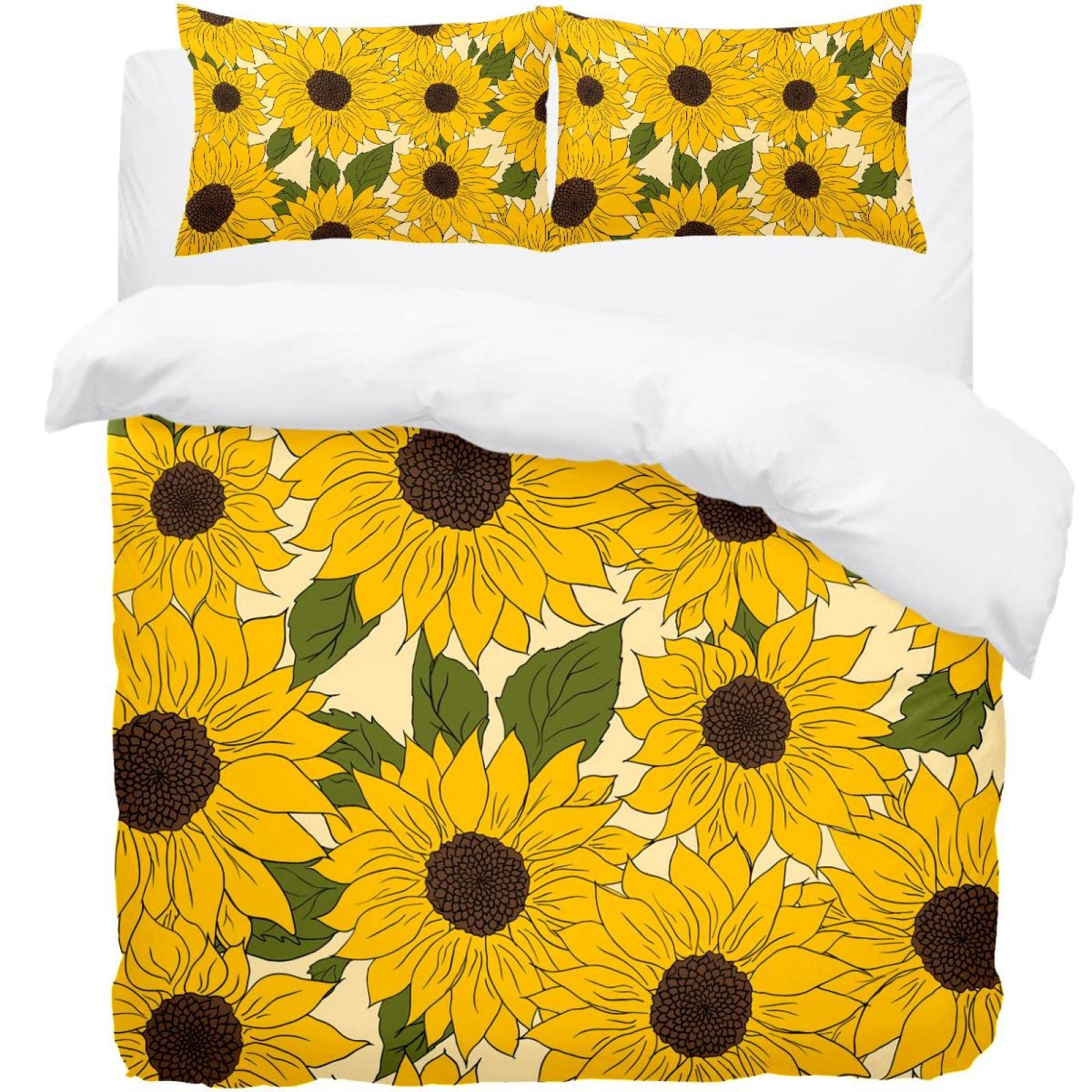 Parure de lit simple motif tournesol avec housse de couette jaune microfibre