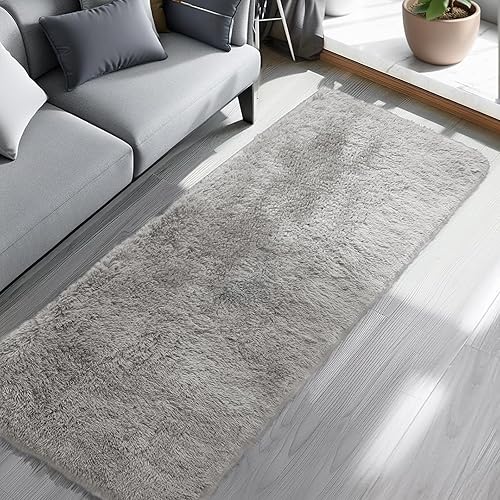 RUGIXE 2×6 White and Grey Washable and Foldable, Girls' Bedroom, Fluffy Circular