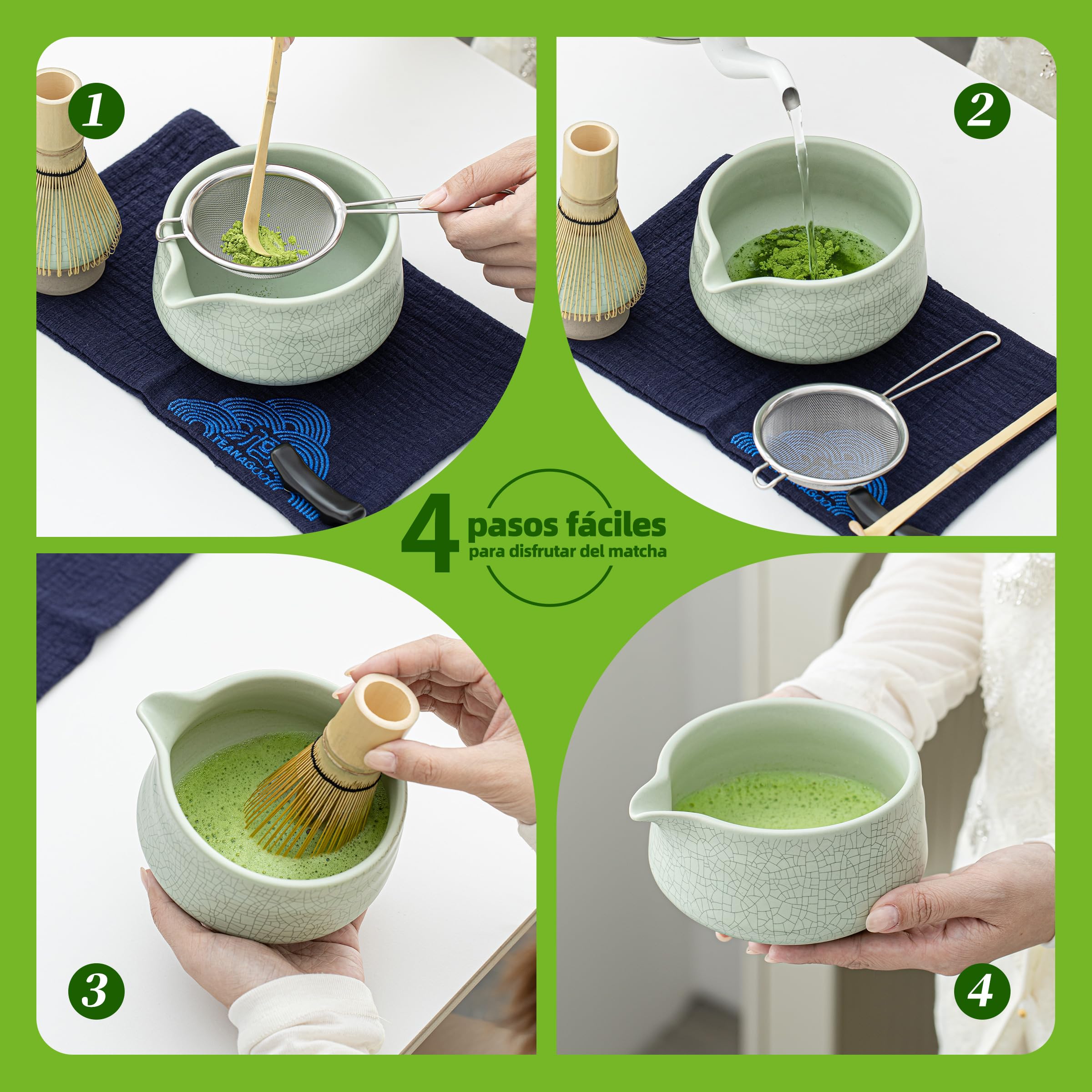 TEANAGOO Matcha Kit, juego de 7 piezas, kit de matcha para ceremonia, juego de té matcha para hacer desayuno/latte, cuenco matcha verde (chawan) con boquilla y batidor, regalo para