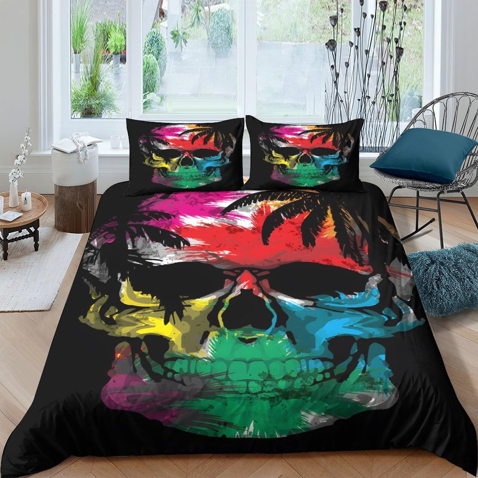 TUFRTGYHN 3D Printed Colourful Skull Duvet Cover Microfiber Soft Breathable Tropical Sunset Bedding Set with 2 Pillowcases Single（135x200cm）