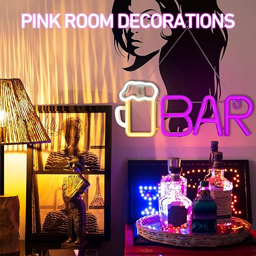 Miniatura 6 de Letrero de neón de barra rosa, letreros de cerveza de neón con USB o batería, letreros LED con cadena para colgar, letreros de neón para hombre,