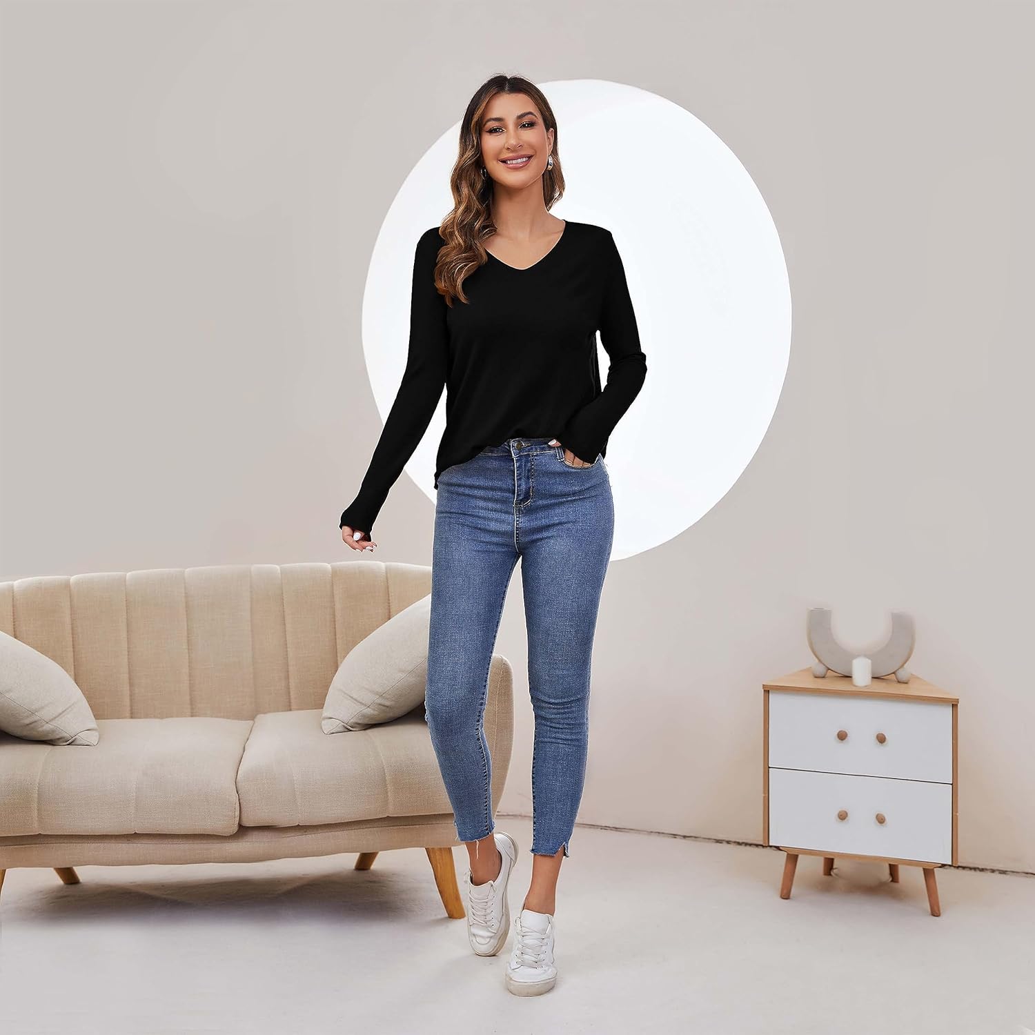 Women's V Neck Pullover Sweater Long Sleeve Soft Knit Lightweight Jumper Tops - Image 2