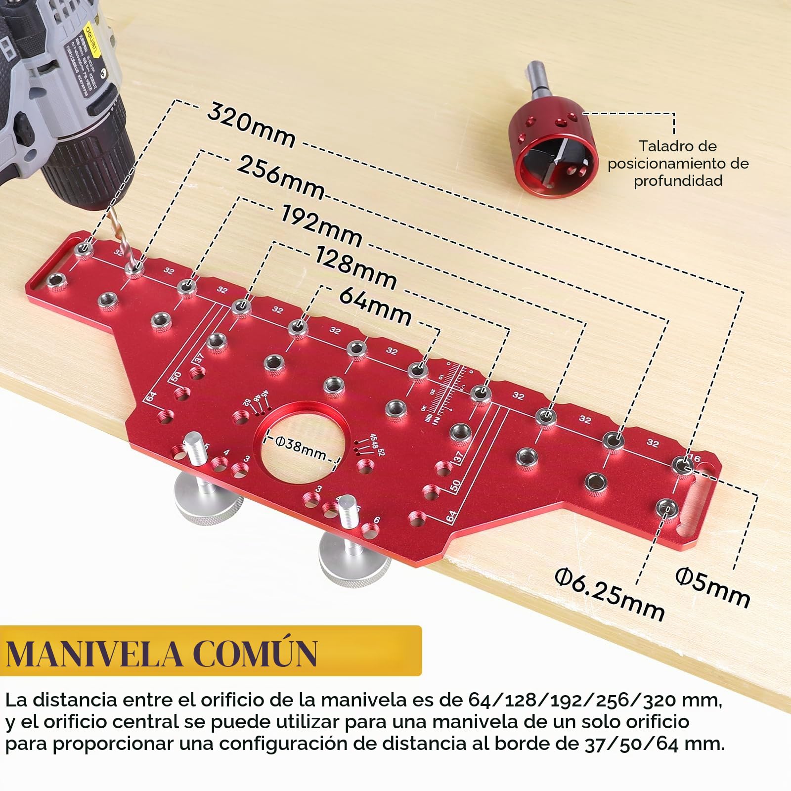 Plantilla de taladro alineada 2-en-1 – Para espigas y bisagras de 35mm Guía de aluminio con brocas de 5mm y 1/4 pulgada, herramienta perfecta para bricolaje y carpintería (Modelo Largo)
