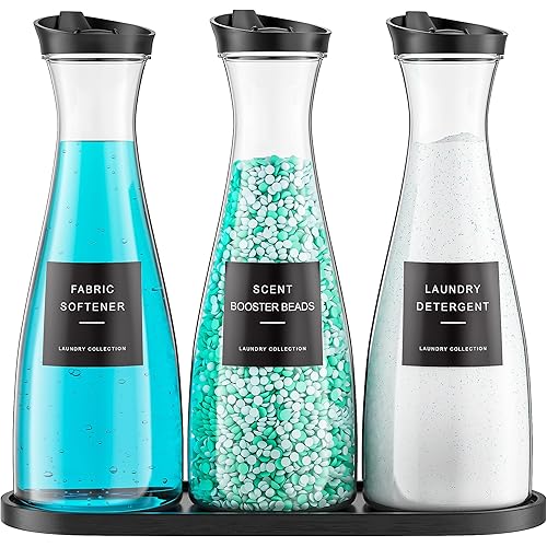 3 Pack Laundry Detergent Dispenser Container with Tray, 54OZ Liquid Laundry Soap Dispenser with 12 Labels, Black Laundry Room Organization for Powder, and Fabric Softener