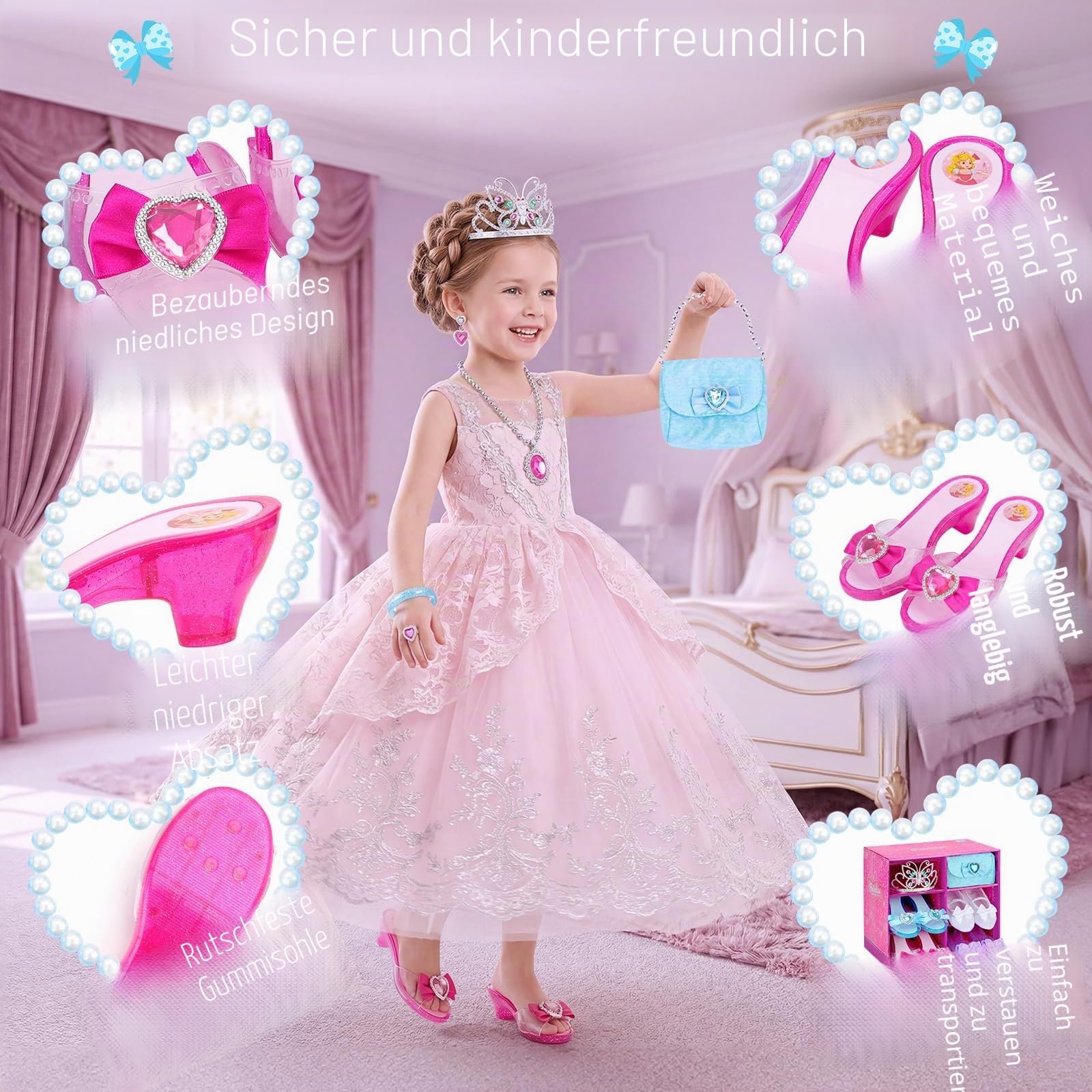 deAO Princess Schuh Spielzeug- und Schmuckboutique mit 4 Paar Schuhen, Armbändern, Halskette, Tasche, Ohrringen und Krone Mädchen-Tiara inklusive Kinder Schminkset Prinzessin Schuhe Mädchen